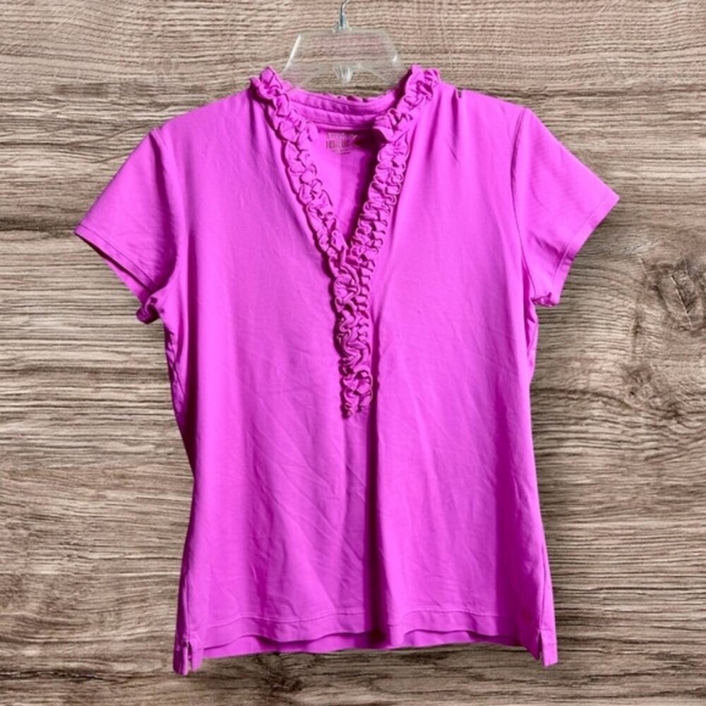 Lilly Pulitzer UPF 50+ Luxletic Frida Ruffle Polo Top pink. Large